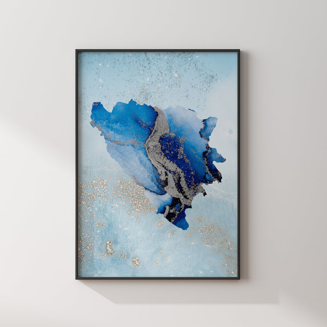 Bosnia and Herzegovina Map Shades of Blue & Silver Wall Art Print