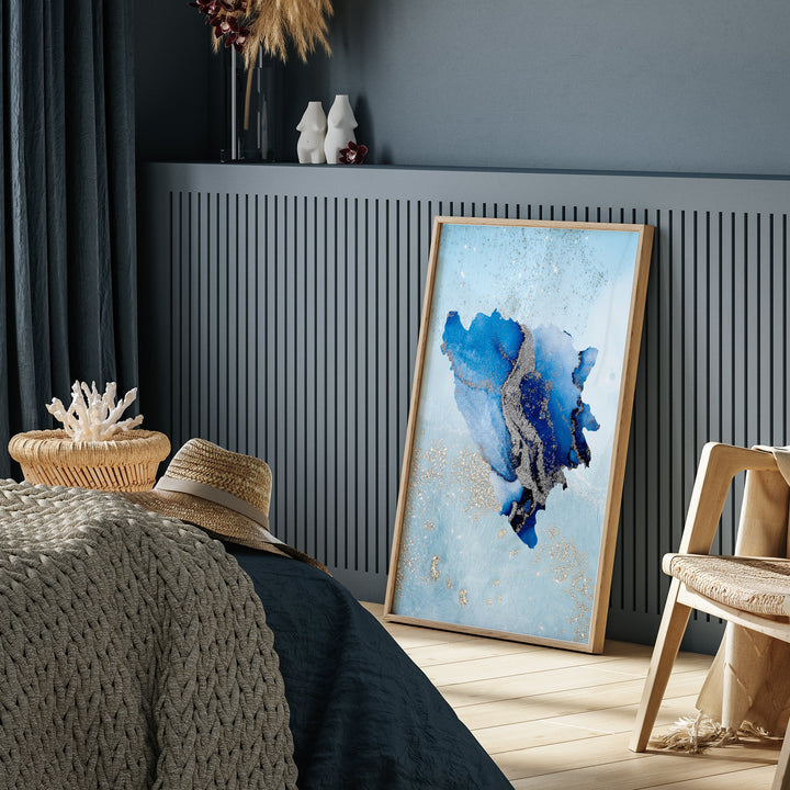 Bosnia and Herzegovina Map Shades of Blue & Silver Wall Art Print