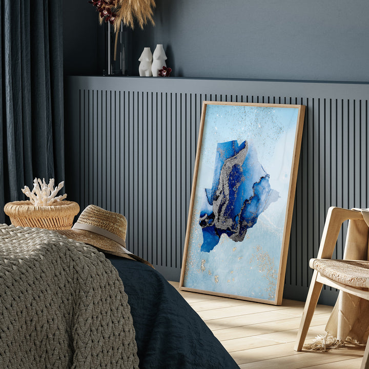 Botswana Map Shades of Blue & Silver Wall Art Print