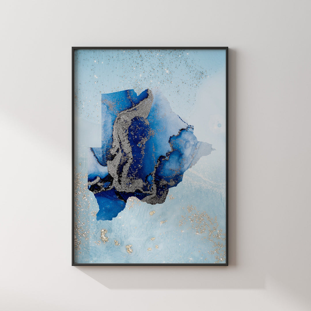 Botswana Map Shades of Blue & Silver Wall Art Print