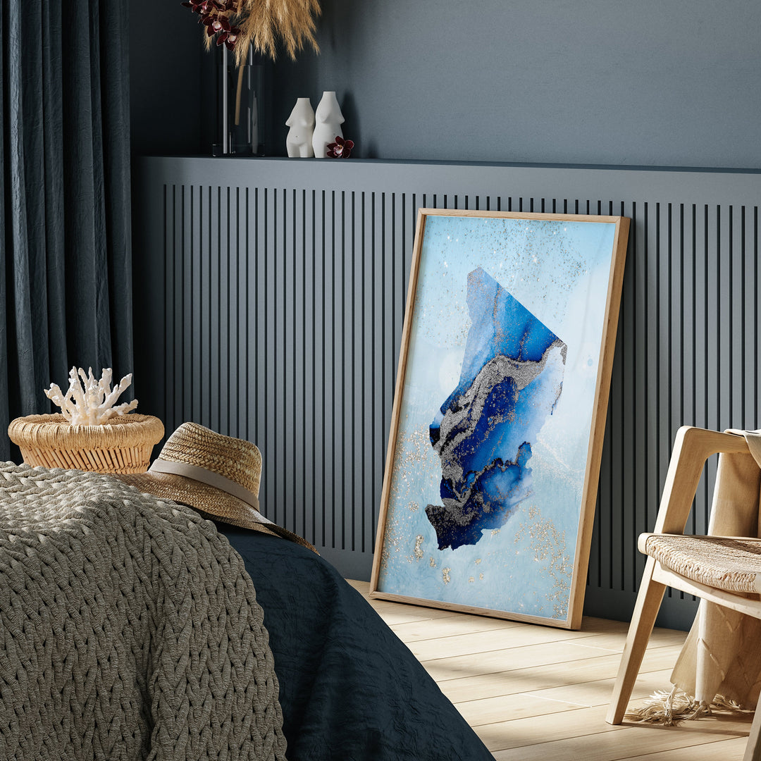 Chad Map Shades of Blue & Silver Wall Art Print
