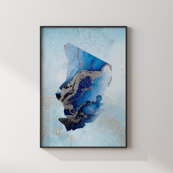 Chad Map Shades of Blue & Silver Wall Art Print