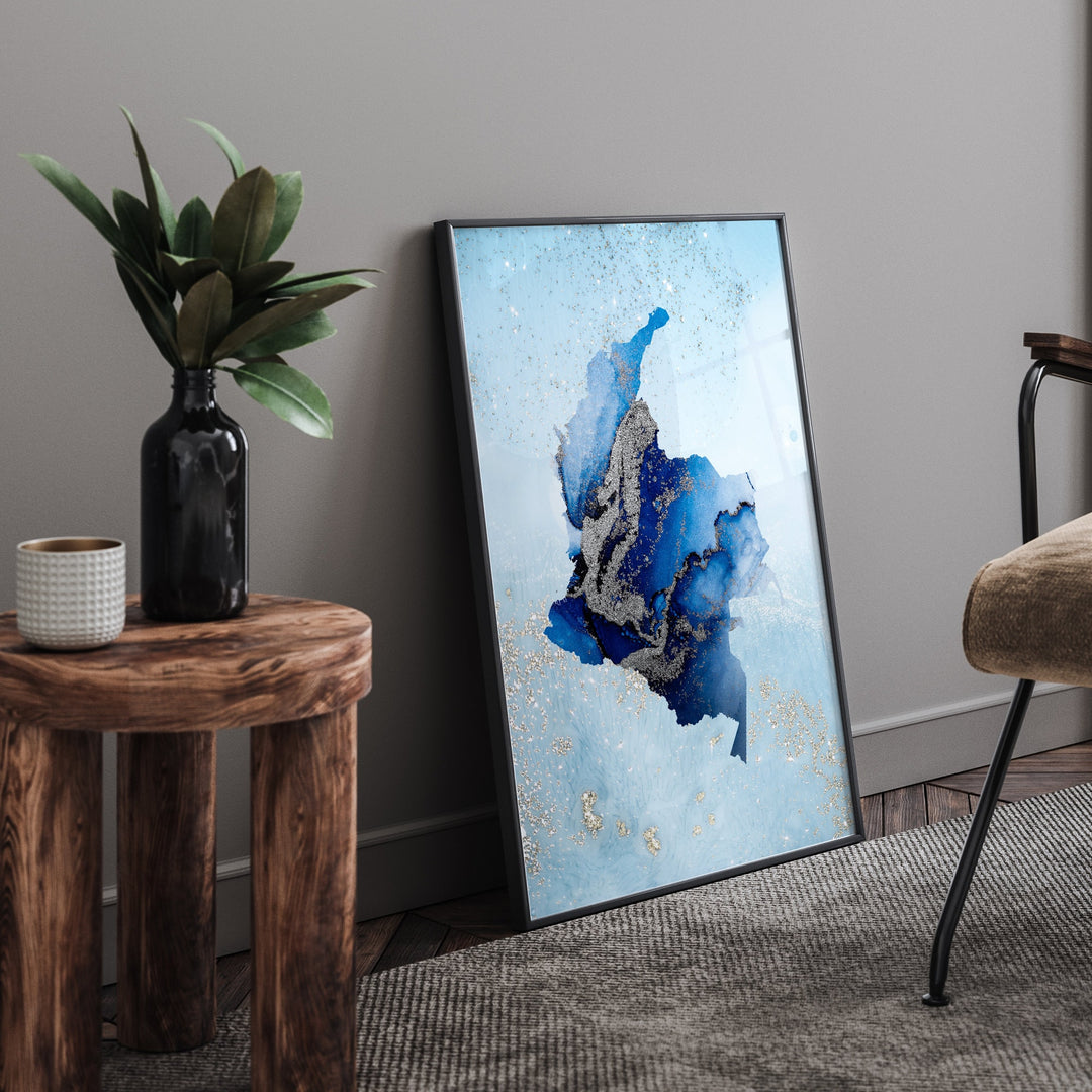 Colombia Map Shades of Blue & Silver Wall Art Print