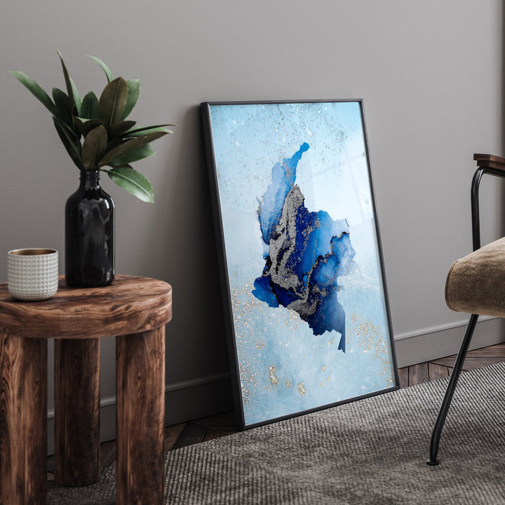 Colombia Map Shades of Blue & Silver Wall Art Print