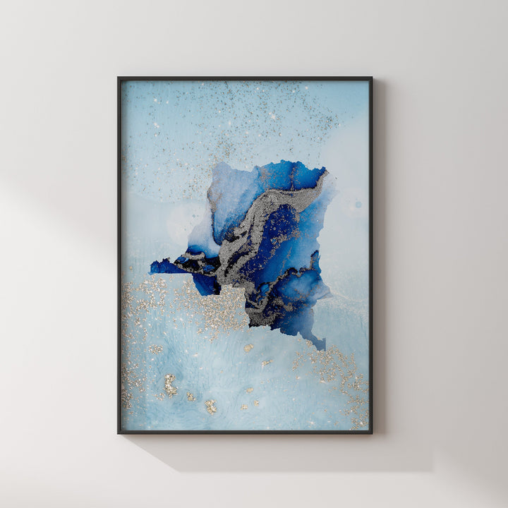 Congo Map Shades of Blue & Silver Wall Art Print