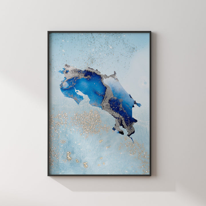 Croatia Map Shades of Blue & Silver Wall Art Print