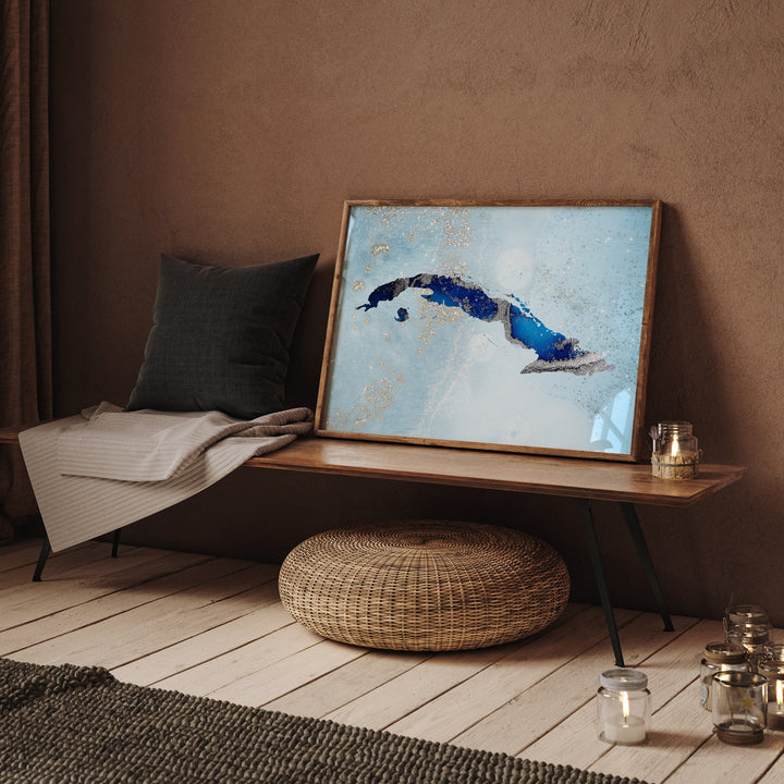 Cuba Map Shades of Blue & Silver Wall Art Print