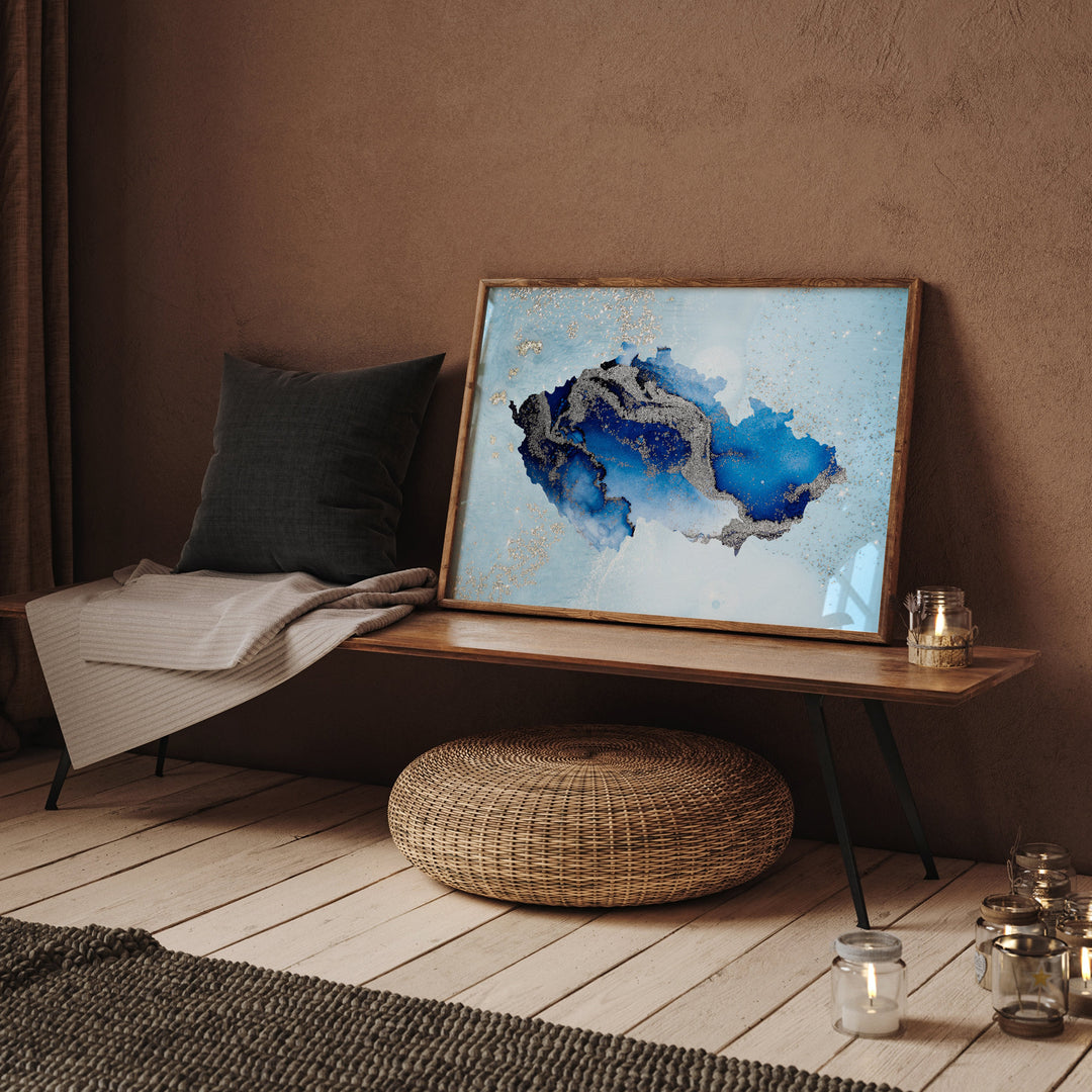 Czech Republic Map Shades of Blue & Silver Wall Art Print