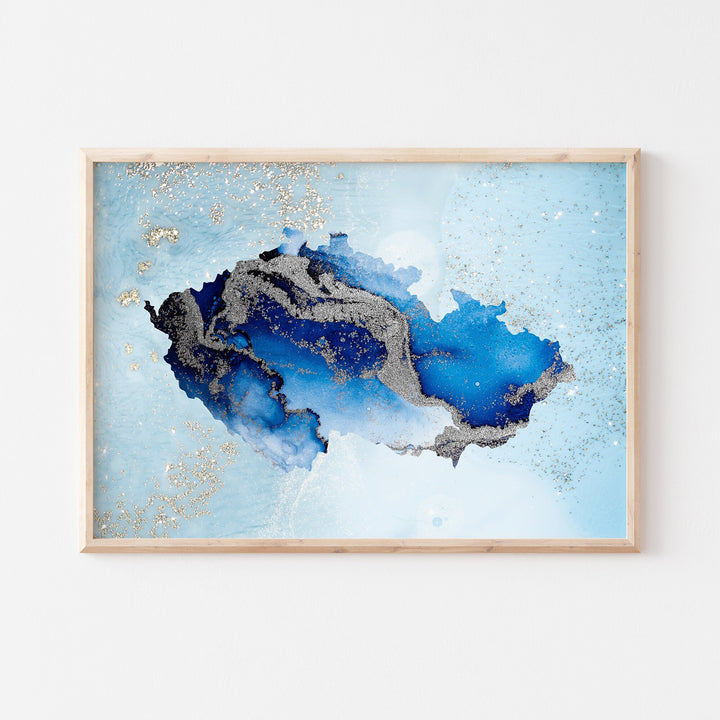 Czech Republic Map Shades of Blue & Silver Wall Art Print