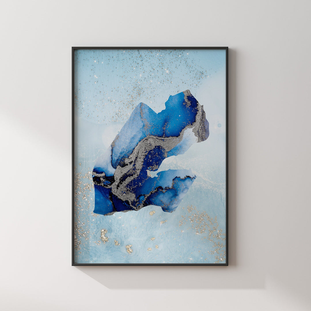 Djibouti Map Shades of Blue & Silver Wall Art Print
