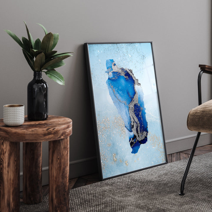 Dominica Map Shades of Blue & Silver Wall Art Print