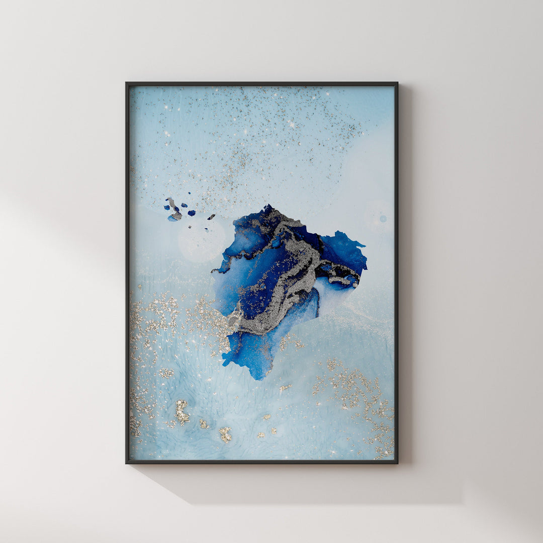 Ecuador Map Shades of Blue & Silver Wall Art Print