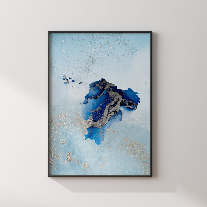 Ecuador Map Shades of Blue & Silver Wall Art Print