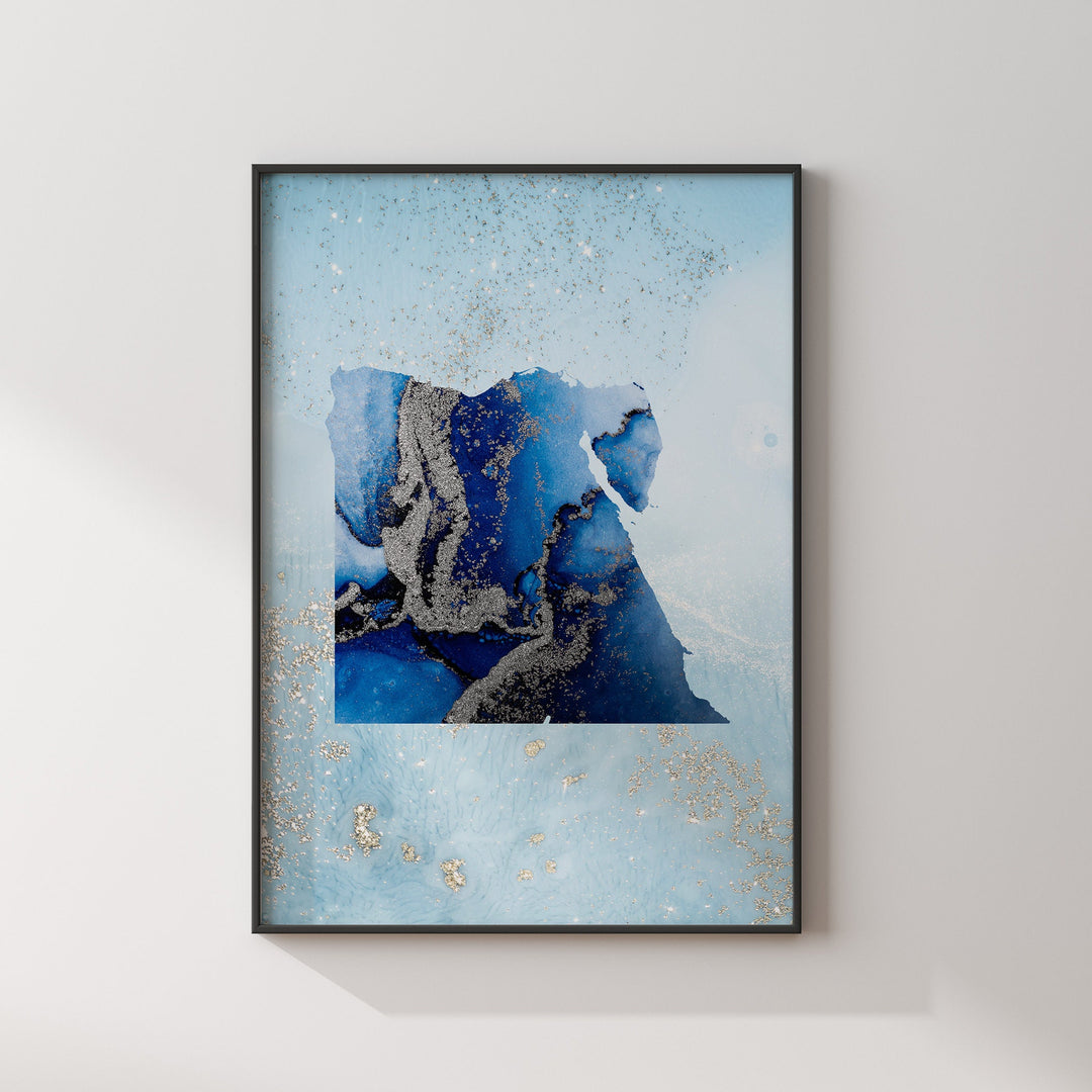 Egypt Map Shades of Blue & Silver Wall Art Print