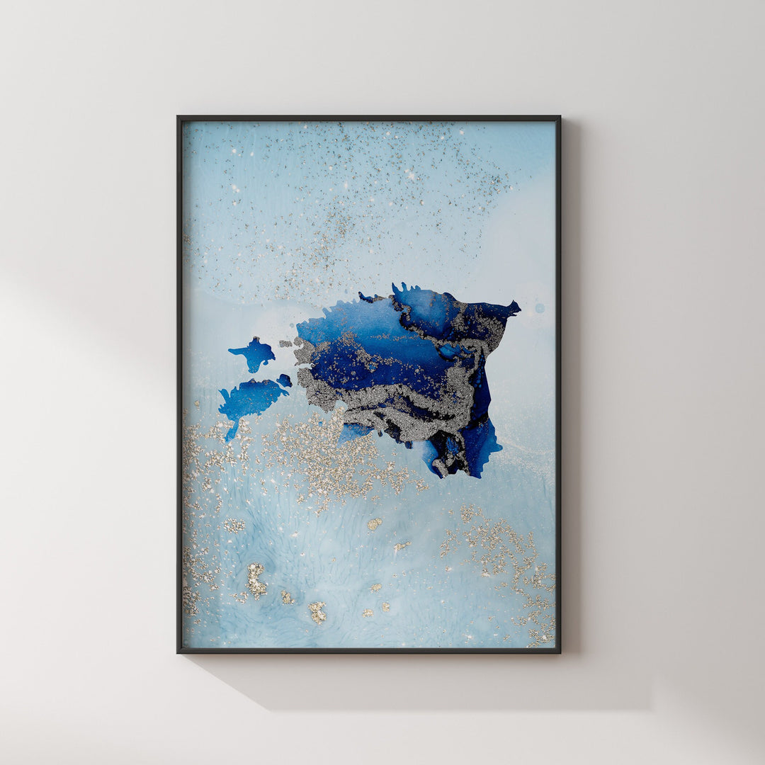 Estonia Map Shades of Blue & Silver Wall Art Print