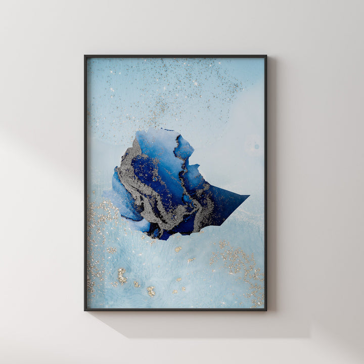 Ethopia Map Shades of Blue & Silver Wall Art Print