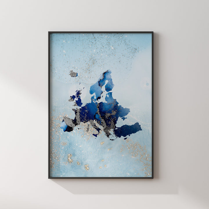 Europe Map Shades of Blue & Silver Wall Art Print