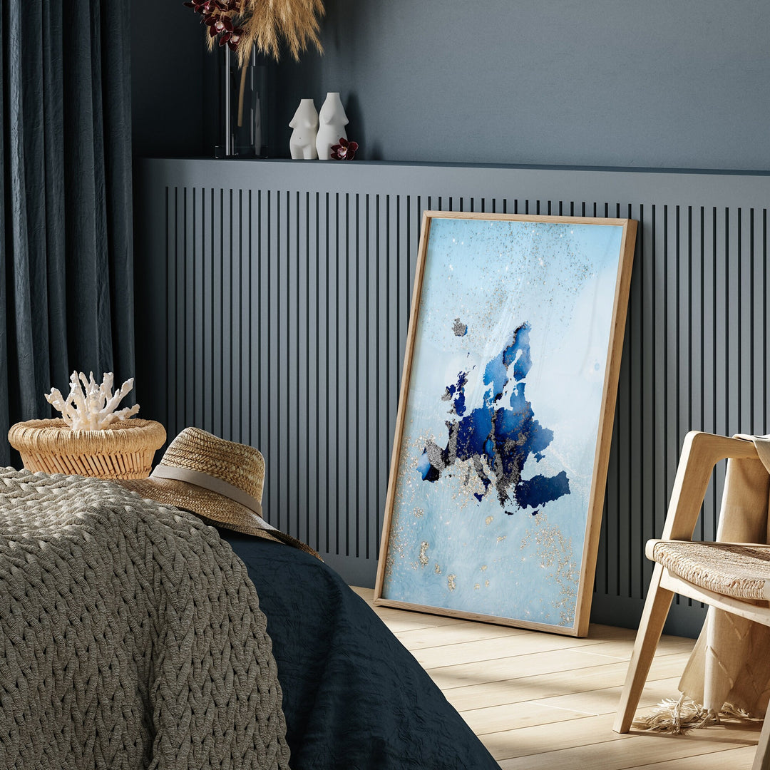 Europe Map Shades of Blue & Silver Wall Art Print