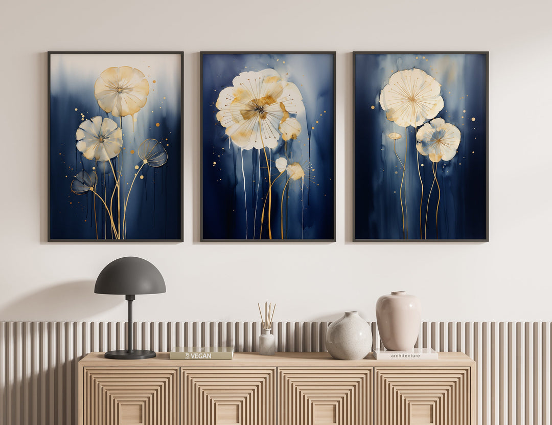 Navy Blue & Gold Dandelion Wall Art | Set of 3 Navy Blue Room Decor