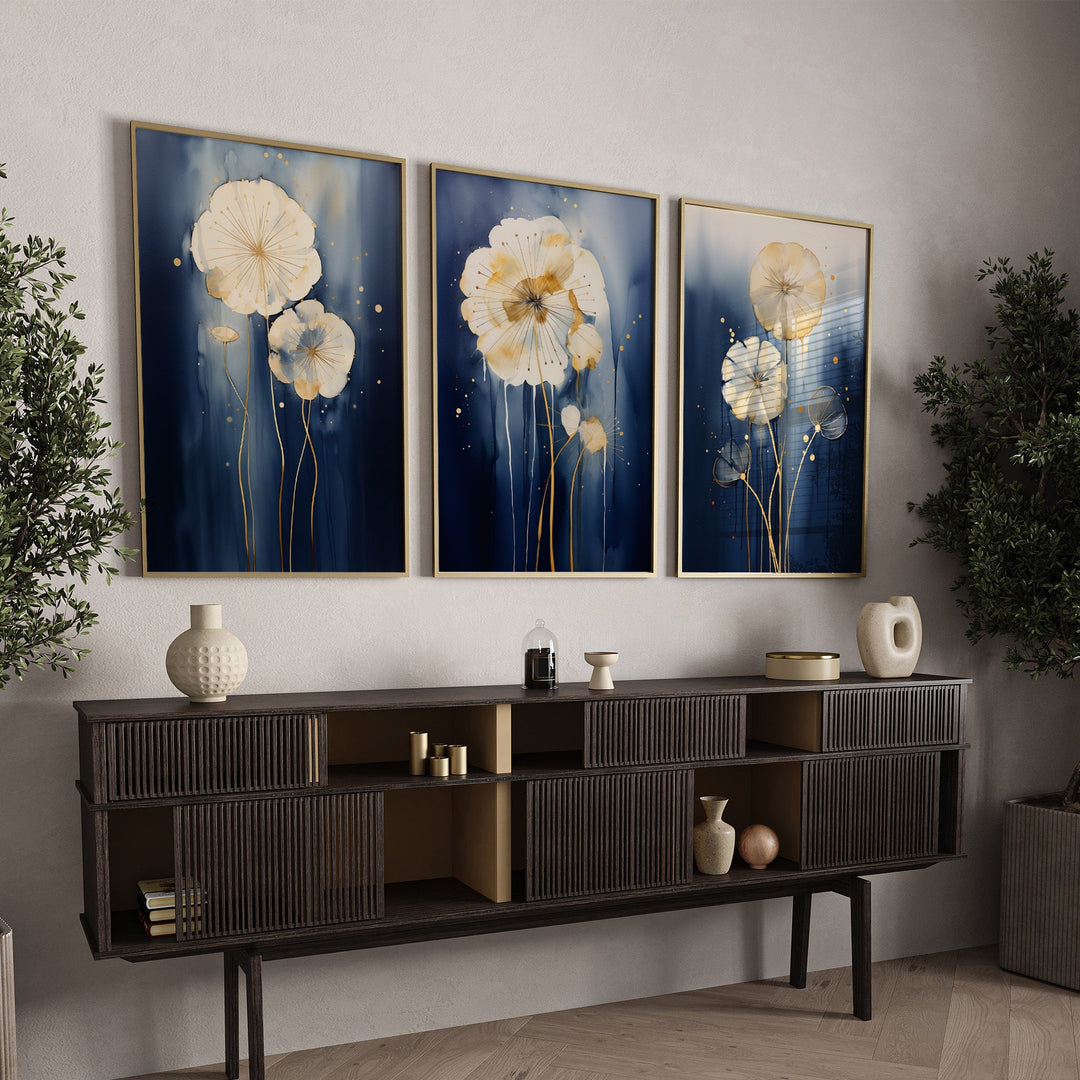 Navy Blue & Gold Dandelion Wall Art | Set of 3 Navy Blue Room Decor