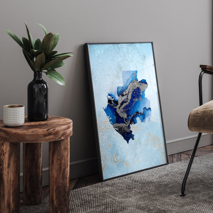 Gabon Map Shades of Blue & Silver Wall Art Print
