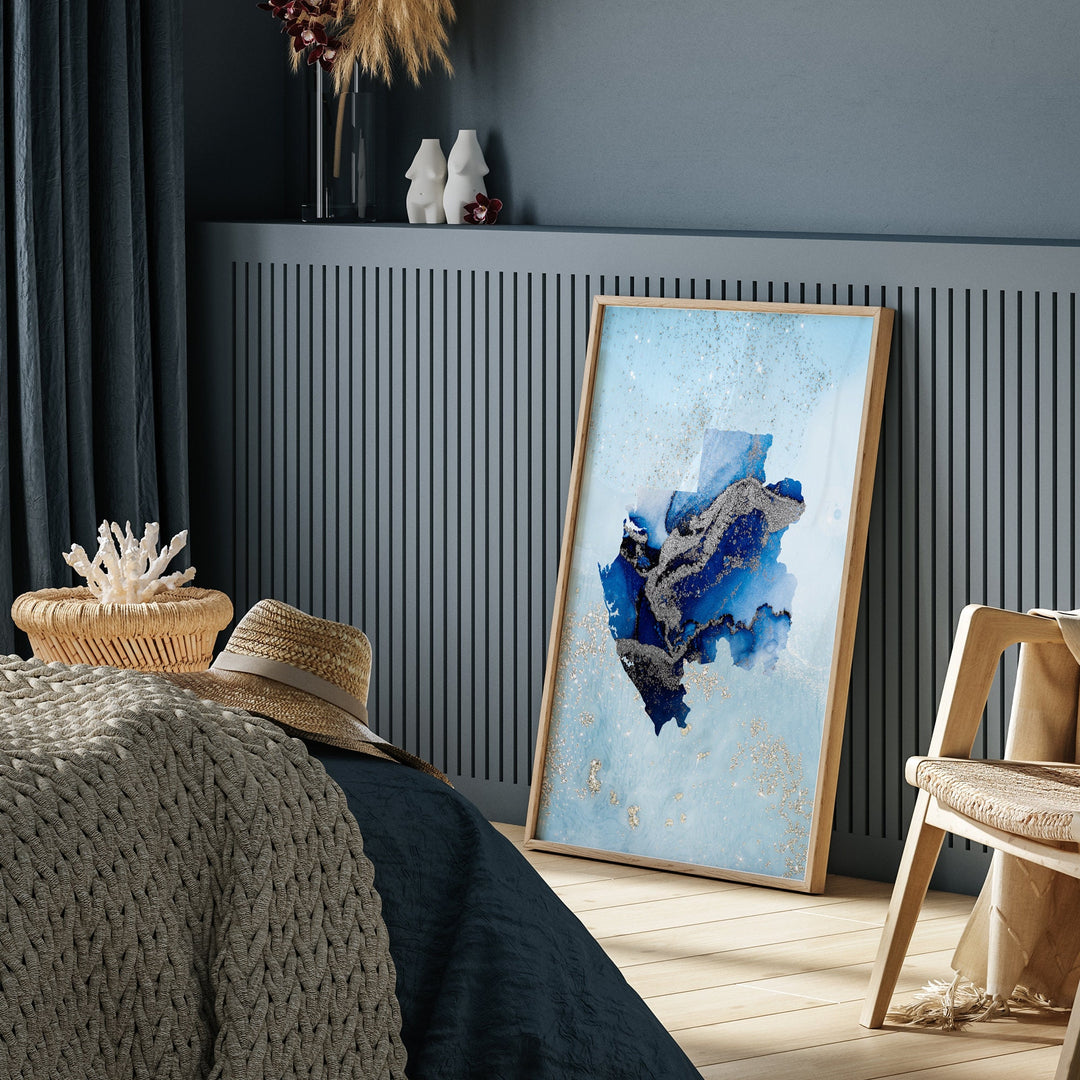 Gabon Map Shades of Blue & Silver Wall Art Print