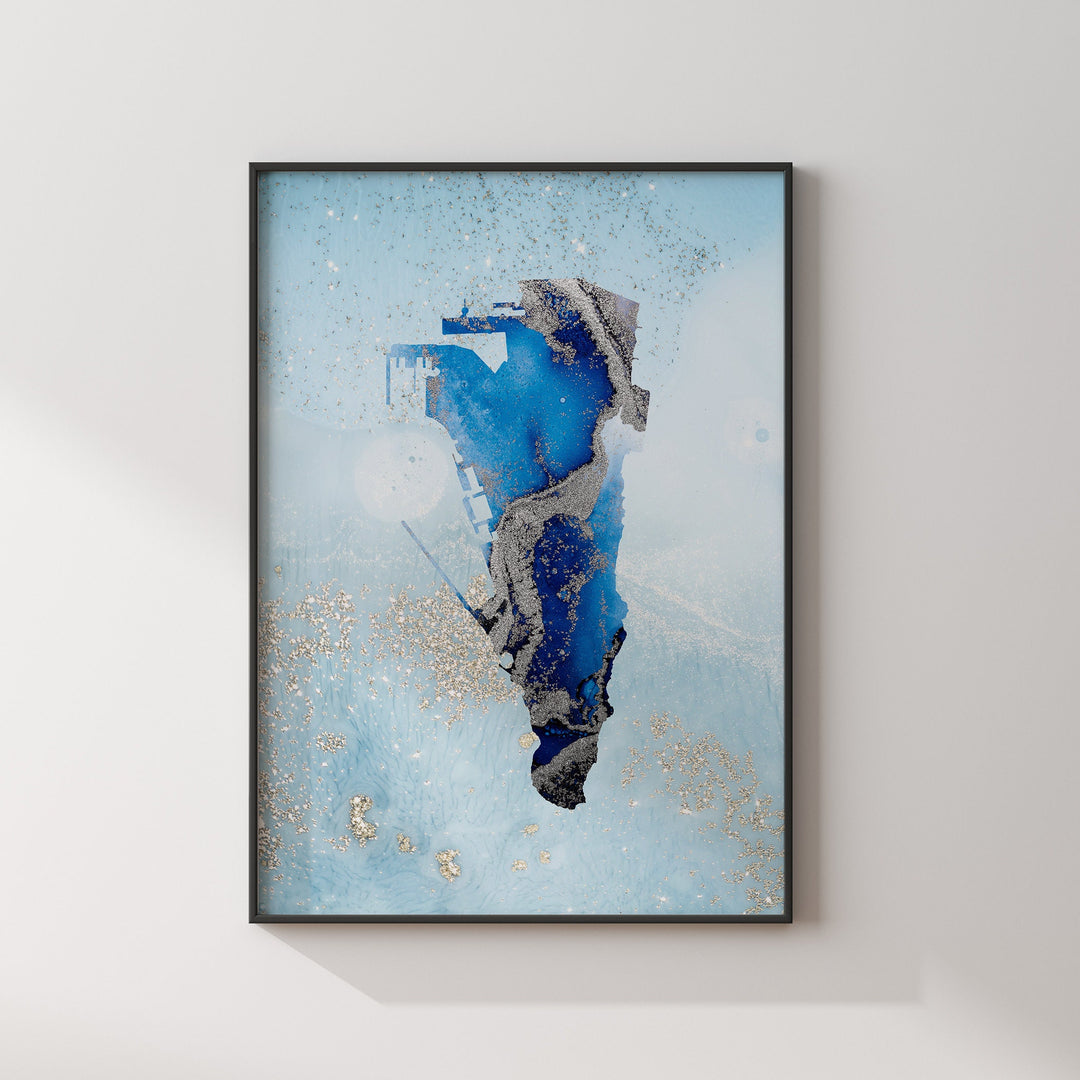 Gibraltar Map Shades of Blue & Silver Wall Art Print