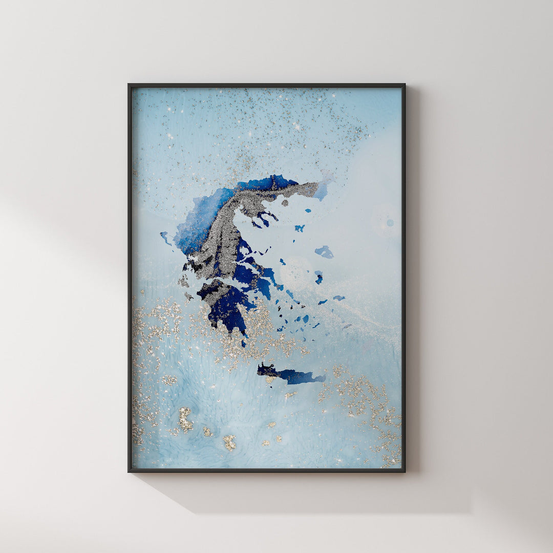 Greece Map Shades of Blue & Silver Wall Art Print