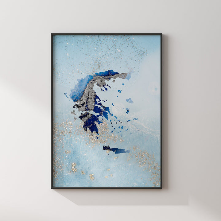 Greece Map Shades of Blue & Silver Wall Art Print