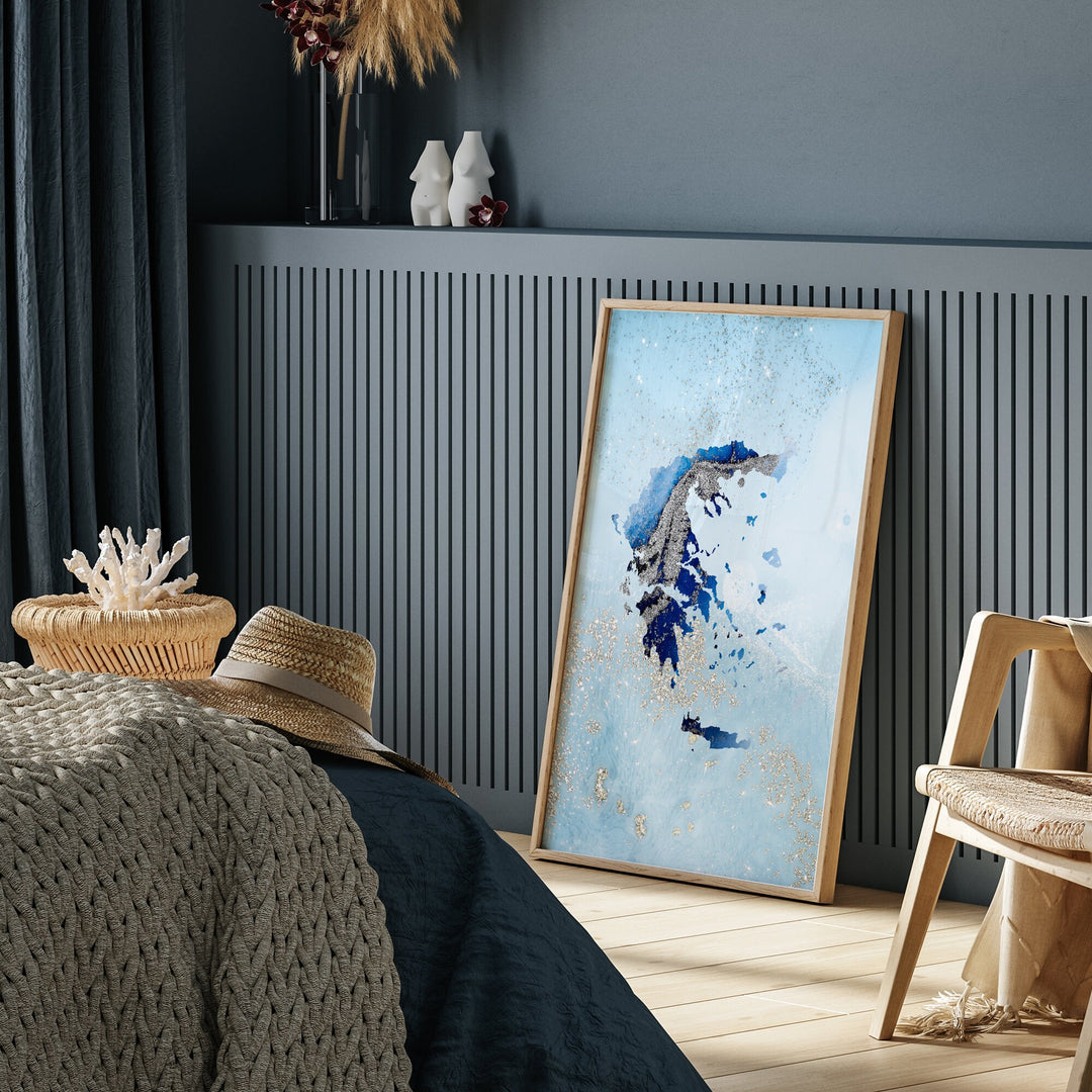 Greece Map Shades of Blue & Silver Wall Art Print