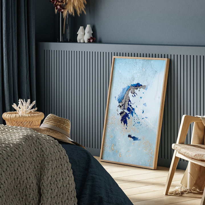 Greece Map Shades of Blue & Silver Wall Art Print