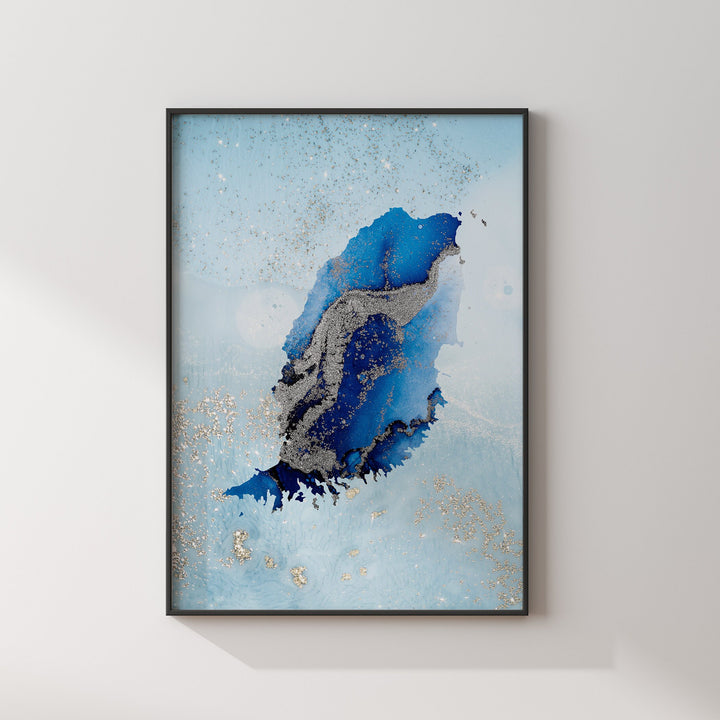 Grenada Map Shades of Blue & Silver Wall Art Print
