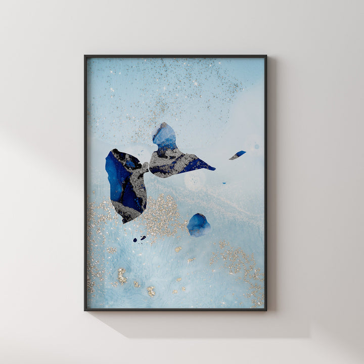 Guadeloupe Map Shades of Blue & Silver Wall Art Print