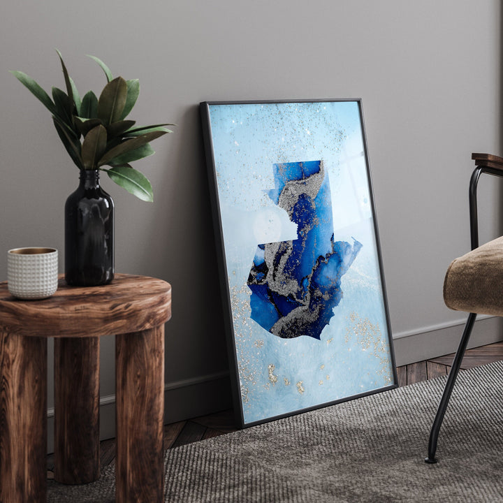 Guatemala Map Shades of Blue & Silver Wall Art Print