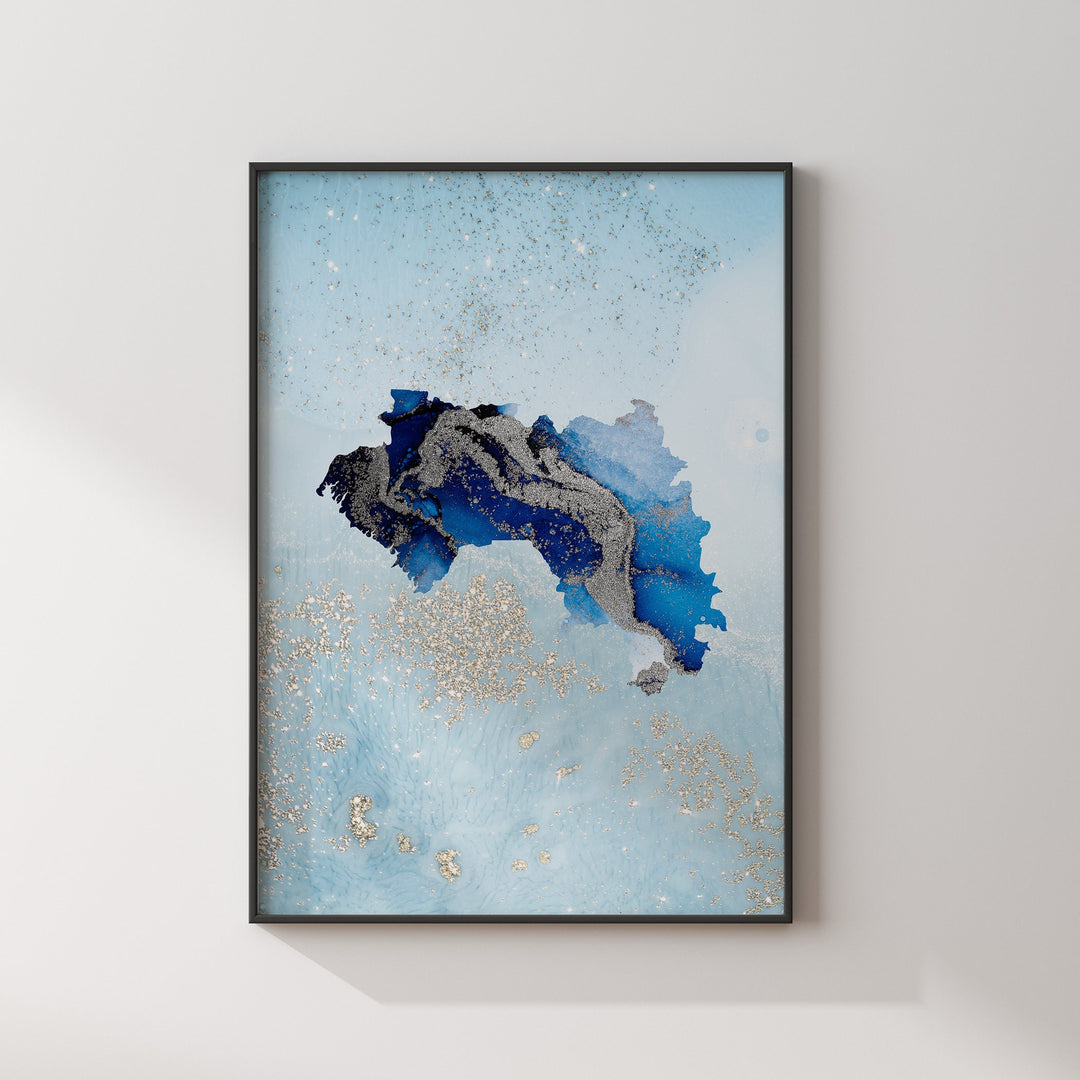 Guinea Map Shades of Blue & Silver Wall Art Print