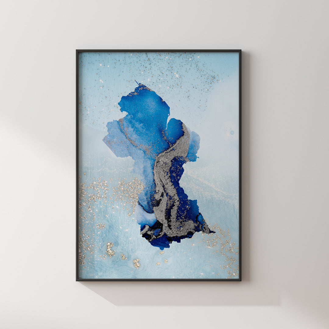 Guyana Map Shades of Blue & Silver Wall Art Print