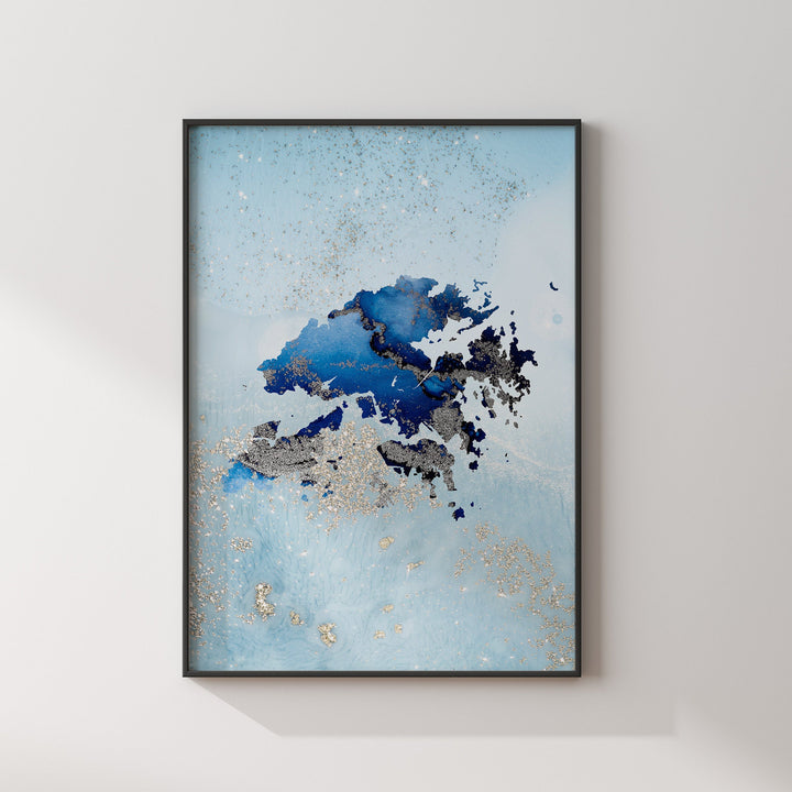 Hong Kong Map Shades of Blue & Silver Wall Art Print