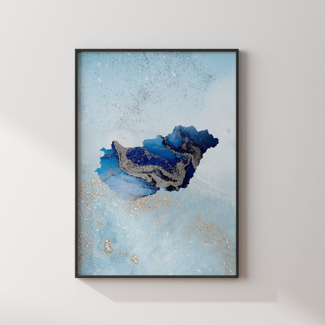 Hungary Map Shades of Blue & Silver Wall Art Print