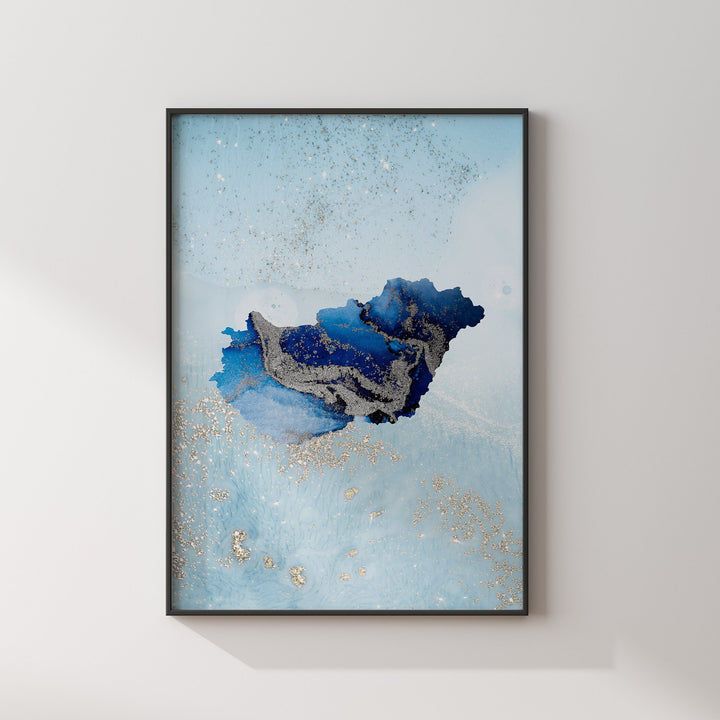 Hungary Map Shades of Blue & Silver Wall Art Print