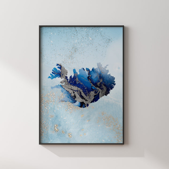 Iceland Map Shades of Blue & Silver Wall Art Print