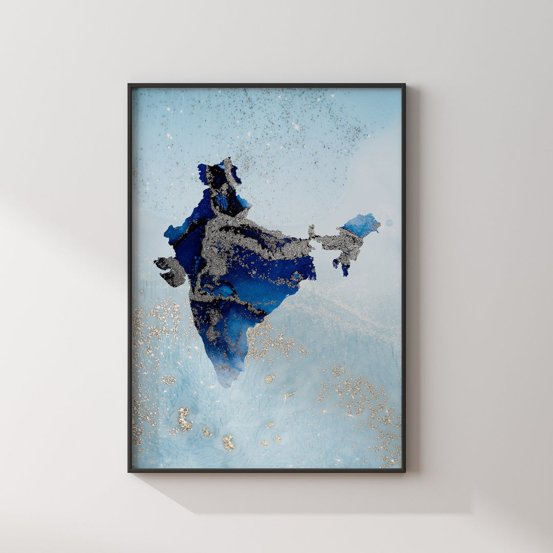 India Map Shades of Blue & Silver Wall Art Print