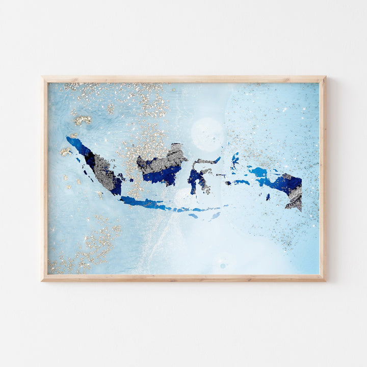 Indonesia Map Shades of Blue & Silver Wall Art Print