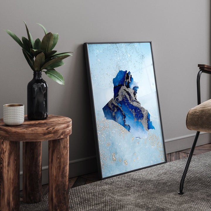 Iraq Map Shades of Blue & Silver Wall Art Print