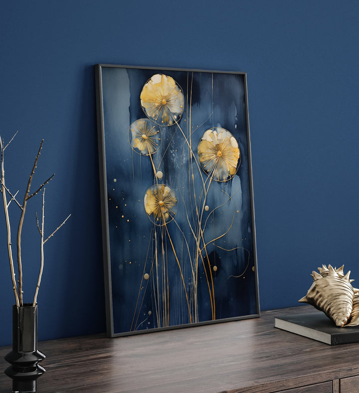 Navy Blue & Gold Dandelion Wall Art Print
