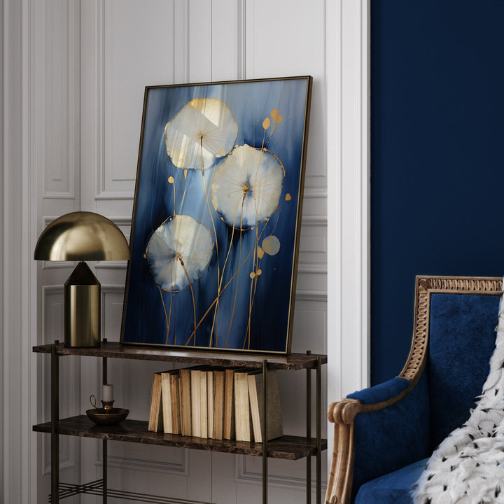 Navy Blue & Gold Dandelion Wall Art Print | Blue, White and Gold Watercolor Art
