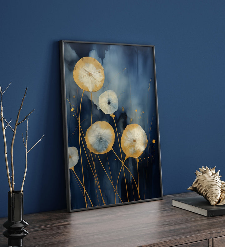 Navy Blue & Gold Dandelions Wall Art Print