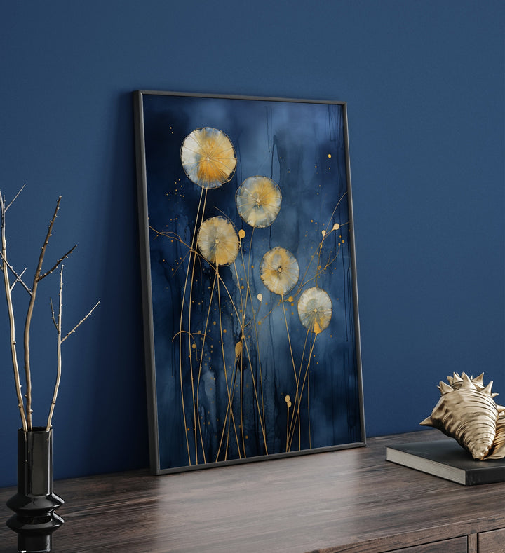 Navy Blue & Gold Dandelions Wall Art Print