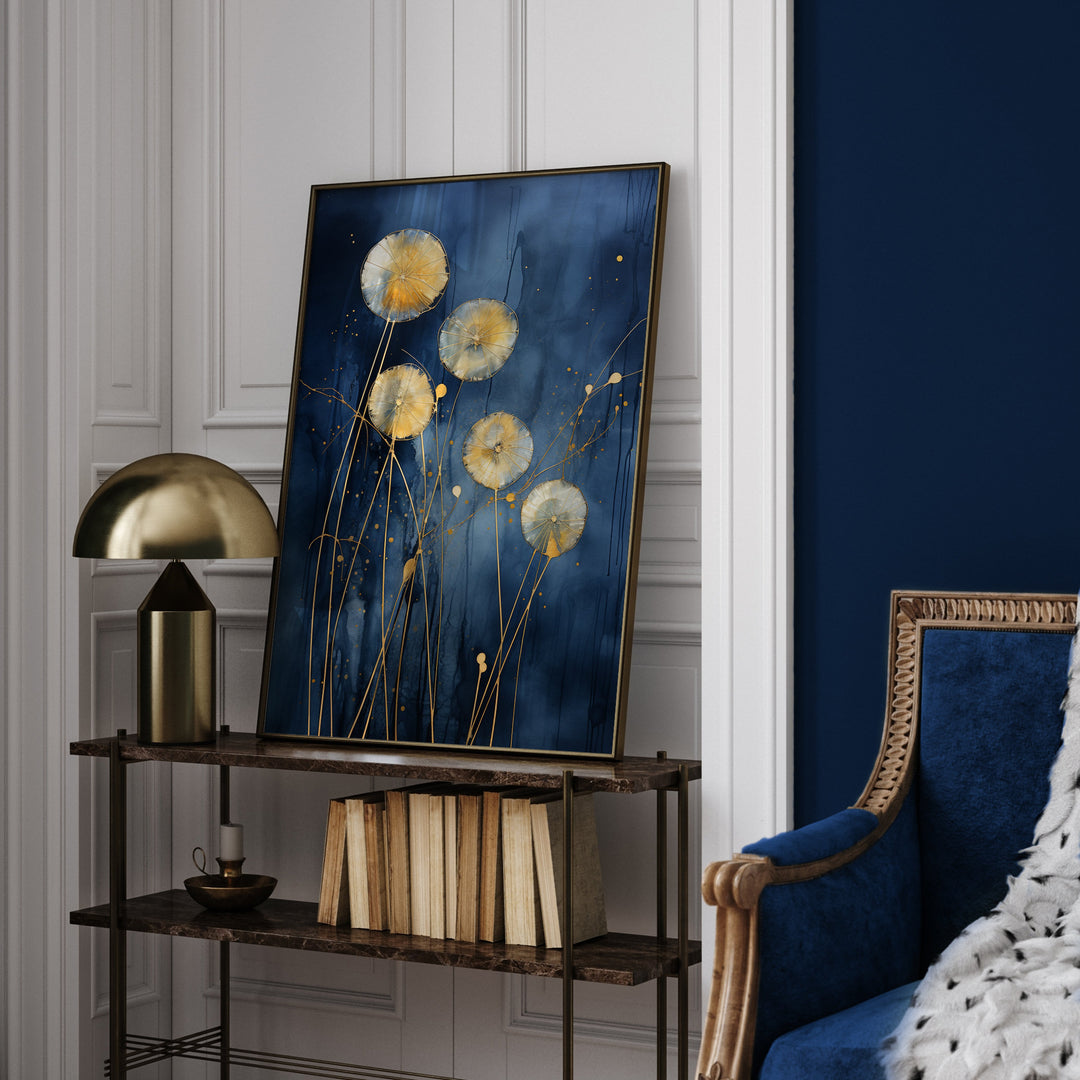 Navy Blue & Gold Dandelions Wall Art Print