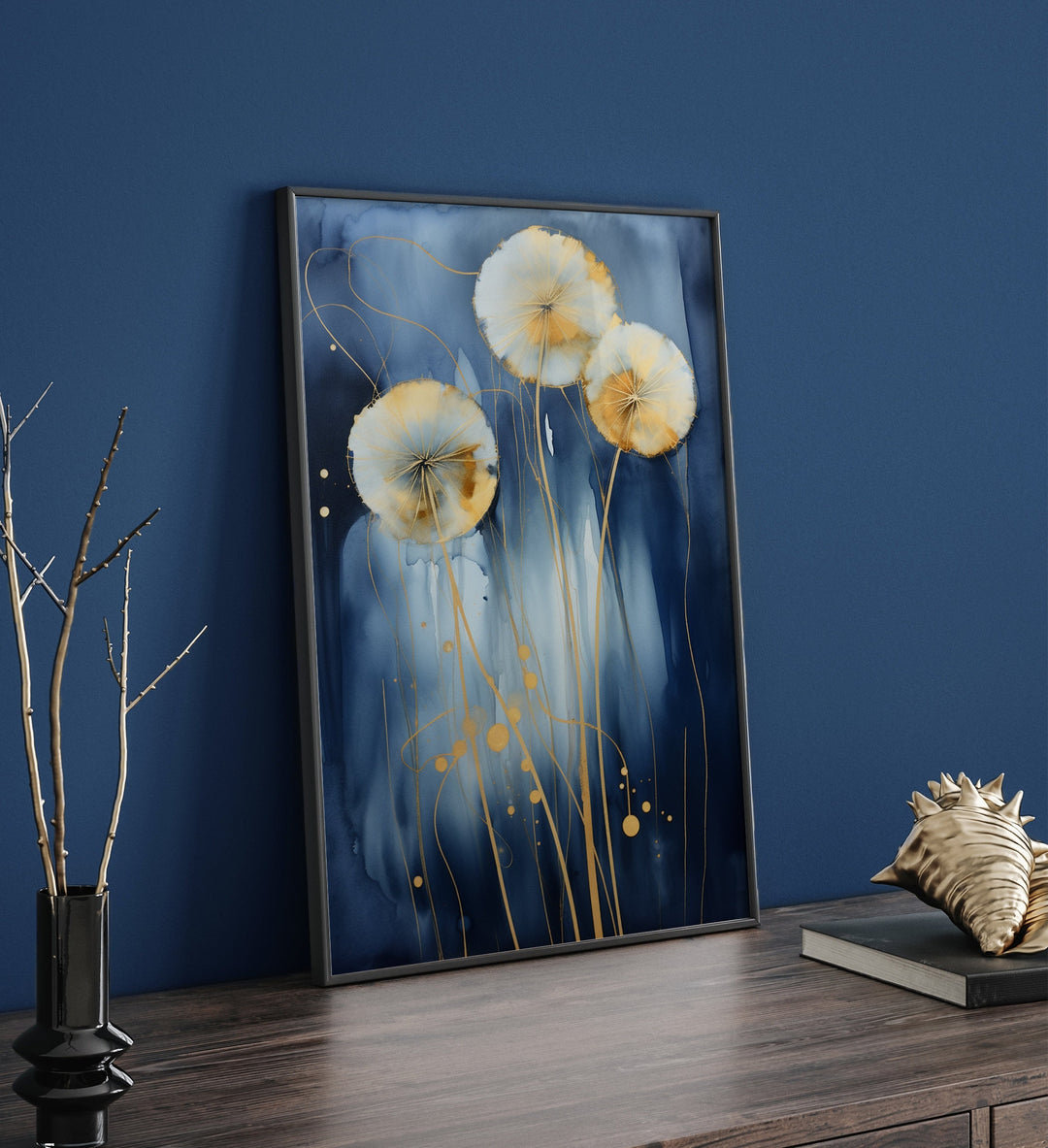 Dandelion Wall Art | Navy Blue & Gold Dandelions Wall Art Print