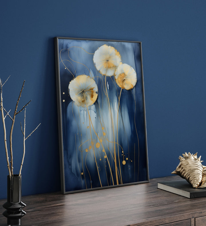 Dandelion Wall Art | Navy Blue & Gold Dandelions Wall Art Print